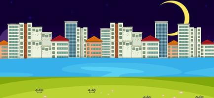 Escena horizontal con río y paisaje urbano en el fondo nocturno vector