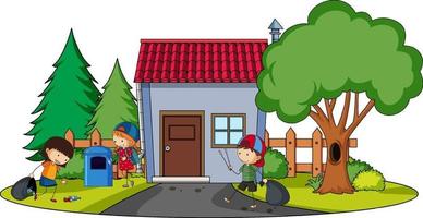 Front view of mini house with many kids on white background vector