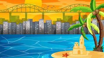 Tropical beach landscape at sunset scene with cityscape background vector