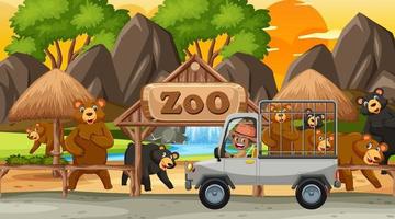 Safari at sunset scene with kids watching bear group vector