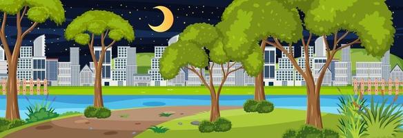 City park horizontal scene with cityscape background at night time vector