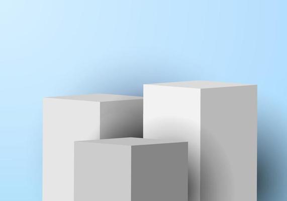3D realistic white pedestal rectangular box studio room with light product shelf on soft blue background