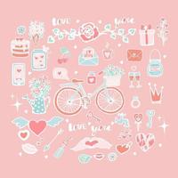 Cute set of vector objects for Valentine's Day, Collection of stickers for Valentine's Day, Bicycle with tulips in a basket, Cake with hearts, Lock with a key, Roses in a funnel, Hand draw, Doodle.
