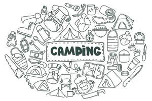 Conjunto de iconos de doodle de equipo de camping y senderismo. conjunto de cosas que necesitará al hacer senderismo y trekking. turismo dibujado a mano para postal, banner, diseño. vector