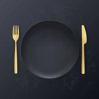 top view Black plate and cutlery on a black background. 3d realistic vector