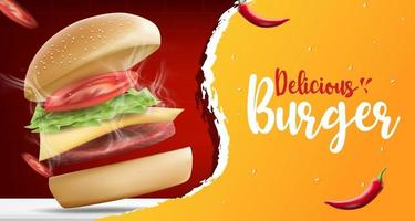 Plantilla de banner de anuncios de hamburguesas o alimentos. Deliciosa hamburguesa casera con chili y parrilla de barbacoa, ilustración vectorial realista vector