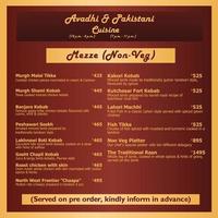 Avadhi Pakistani Hotel Menu Vector Art