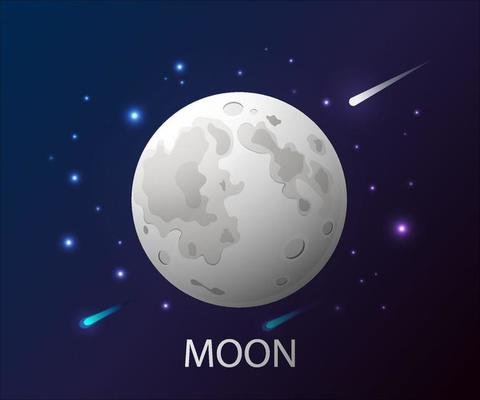 Realistic full Moon and stars  background. Planet with craters in the Universe, Vector Illustration.