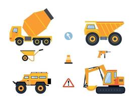 Set of cars and construction machines for the building work. Vector illustration.