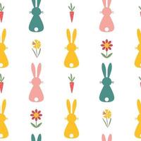 Seamless Easter pattern with bunny, carrot and flowers on white background. Vector illustration.