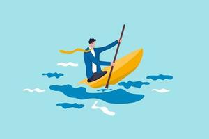 liderazgo para superar la dificultad empresarial, la habilidad o la toma de decisiones para sobrevivir en un concepto de crisis, un empresario ambicioso en kayak o canoa profesional con todo el esfuerzo para sobrevivir a la tormenta del océano vector