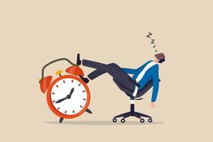 Afternoon slump, laziness and procrastination postpone work to do later, boredom and sleepy work concept, businessman sleeping lay down on office chair and alarm clock covered his face with book. vector