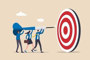 Team business goal, teamwork collaboration to achieve target, coworkers or colleagues with same mission and challenge concept, businessman and woman people help holding dart aiming on bullseye target. vector