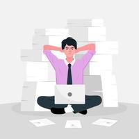 Thoughtful and stressful businessman sitting on floor with paper documents vector