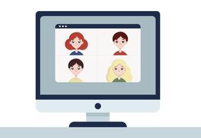 personas que se conectan, aprenden o se reúnen en línea con videoconferencia trabajando a distancia en la computadora, trabajan desde casa y trabajan desde, ilustración vectorial plana vector