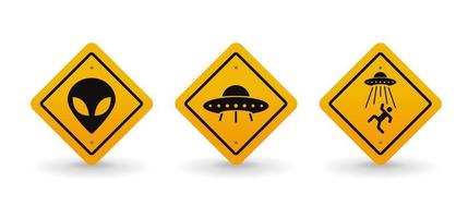 Alien and UFO warning road sign collection set, vector illustration