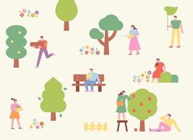 In the park where trees are planted, people enjoy nature in many ways. vector