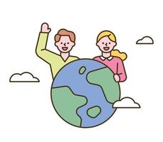 Globe with cute boys and girls characters, flat design style minimal vector illustration.