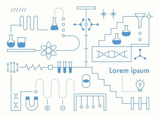 Science experiment organization structure, line infographic design. Simple pattern design template.