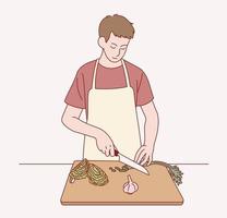 A boy is wearing an apron and cutting vegetables. vector