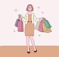 A woman is happy with her shopping bags in her hands. vector