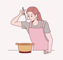 una mujer sostiene un cucharón y prueba la comida en la olla. vector