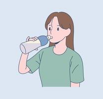 una niña está bebiendo agua vector