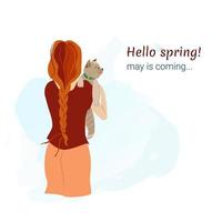 Red-haired girl and cat welcome spring vector