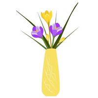 Yellow and purple crocuses in a vase