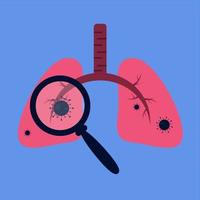 The virus in the lungs is visible through a magnifying glass vector