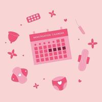 Calendario de menstruación con colección de kit de higiene. vector