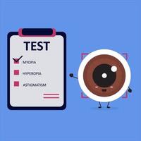 Ojo kawaii con resultado de prueba de diagnóstico de miopía. vector