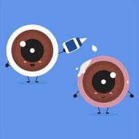 Healthy eye put eye drops to conjunctivitis eye. Kawaii eye character. vector