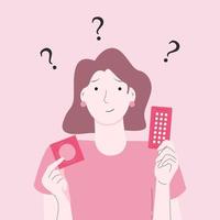 A woman confused about choosing the birth control pill and the condom. vector