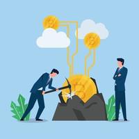 Man mining the crypto coin with pickaxe while others oversee metaphor of mining. vector