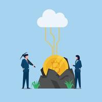 Man stands with pickaxe while other brings crypto coin metaphor of mining. vector