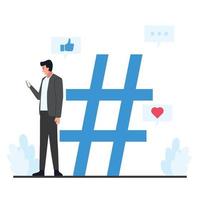 Men standing and holding phone next to a large hash tag. vector