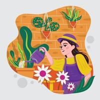 Girl Gardening And Watering Plants And Flowers vector
