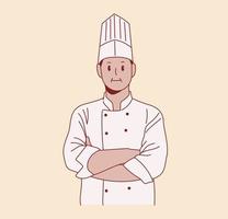 A male chef poses with confidence. Hand drawn style vector design illustration.