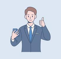 A male office worker is doing a thumb up sign. Hand drawn style vector design illustrations.