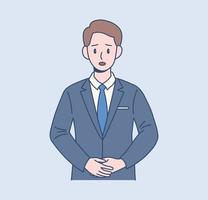 A male office worker has a serious expression. Hand drawn style vector design illustrations.