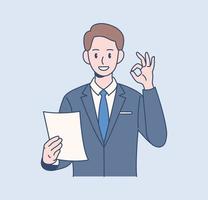 A male office worker is signing OK. Hand drawn style vector design illustrations.