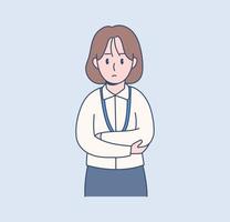 A female office worker has a serious expression. Hand drawn style vector design illustrations.