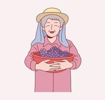 An old woman farmer is standing with vegetables. Hand drawn style vector design illustrations.