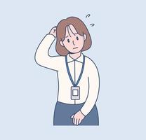 A female office worker has a embarrassed expression. Hand drawn style vector design illustrations.