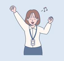 A female office worker has an excited expression. Hand drawn style vector design illustrations.