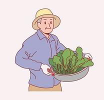 An old male farmer is standing with vegetables. Hand drawn style vector design illustrations.
