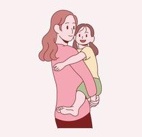 The mother is hugging her young daughter. Hand drawn style vector design illustrations.