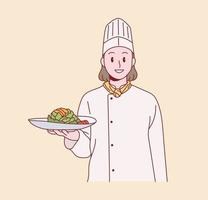 A female chef is standing with a plate. vector