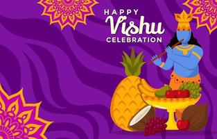 vishnu tocando la flauta cerca de las ofrendas de frutas vishu background vector